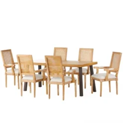 7pc Chatau Farmhouse Fabric Upholstered Wood And Cane Dining Set - Christopher Knight Home -Furniture Specialty Store GUEST 7583eeb0 54f9 4b3b a8bc e7d6098bf326
