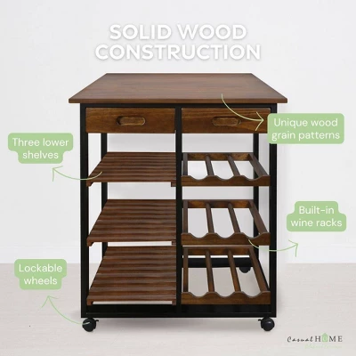 28" Solid Wood Rolling Kitchen Cart With Wine Rack And Drawer Dark Brown - Flora Home 14 28" Solid Wood Rolling Kitchen Cart With Wine Rack And Drawer Dark Brown - Flora Home - Image 12