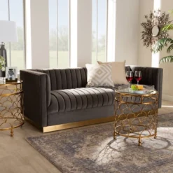 Aveline Velvet Upholstered Finished Sofa Gray/Gold - Baxton Studio -Furniture Specialty Store GUEST 7ca3375a 38b2 48b1 8ad3 83f78df72553