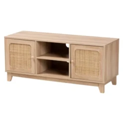 Elsbeth Wood And Natural Rattan 2 Door TV Stand For TVs Up To 40" Light Brown/Natural Brown - Baxton Studio -Furniture Specialty Store GUEST 7cc6b6cc 0dfa 4c6f a5ae 9f850f0acb2e