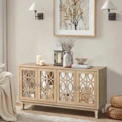 Jamie 59.8" W 4 Mirrored Doors Multi-functional Retro Style Wooden Storage Cabinets With 2 Adjustable Inner Shelf And Pine Legs-Maison Boucle -Furniture Specialty Store GUEST 816e89ee 9a23 4cc7 b567 9286d0bd4e51