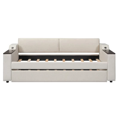 Twin Size Upholstery Daybed With Storage Arms, Trundle And USB Design, Beige - ModernLuxe 9 Twin Size Upholstery Daybed With Storage Arms, Trundle And USB Design, Beige - ModernLuxe - Image 7