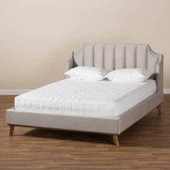 King Adelie Velvet Wingback Platform Bed Light Gray/Walnut - Baxton Studio -Furniture Specialty Store GUEST 888fdb96 d996 47f7 98a0 ffc42cbdad5e