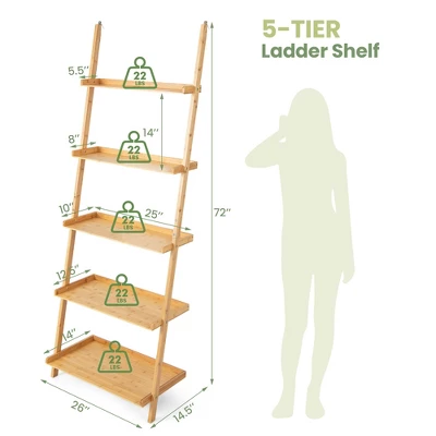 Costway 2 PCS 5-Tier Bamboo Ladder Shelf Wall-Leaning Display Bookcase Storage Rack 4 Costway 2 PCS 5-Tier Bamboo Ladder Shelf Wall-Leaning Display Bookcase Storage Rack - Image 2