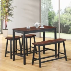 Costway 4 Pcs Solid Wood Counter Height Table Set W/ Height Bench & Two Saddle Stools Brown -Furniture Specialty Store GUEST 8baa4e6a 93d8 4ea1 8c86 5f51f5e670a9