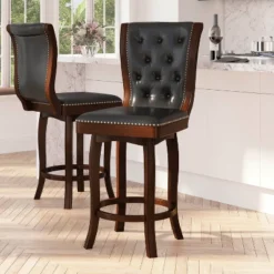 Merrick Lane Wood Stool In With Button Tufted Faux Leather Seat And Back And Footrest