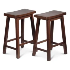 PJ Wood Classic Saddle-Seat 24" Tall Kitchen Counter Stools For Homes, Dining Spaces, And Bars W/ Backless Seats, 4 Square Legs, Walnut (Set Of 8)