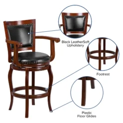 Merrick Lane 30" Cherry Wood Panel Back Bar Stool With Arms And Black Faux Leather Swivel Seat -Furniture Specialty Store GUEST 94209f7b 08ba 4c9e af0e 8d2af2f35cd4