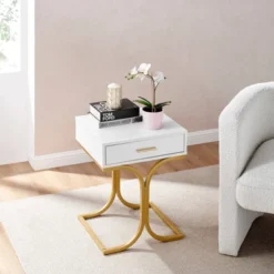 17.75" Rectangular Modern Glam Side Table With Drawer White/Gold - Danya B. -Furniture Specialty Store GUEST 9696ff7d 0827 4722 b41f 321cf37df0d9