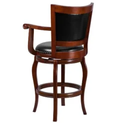 Merrick Lane 30" Cherry Wood Panel Back Bar Stool With Arms And Black Faux Leather Swivel Seat -Furniture Specialty Store GUEST 998850f9 e5c8 453e 9c72 449fceb737f7