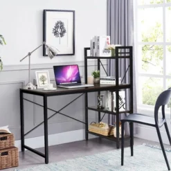 Costway 47.5" Computer Desk Writing Desk Study Table Workstation With 4-Tier Shelves Brown