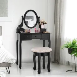 Costway Vanity Table Makeup Table Cushioned Mirror 5 Drawers Black -Furniture Specialty Store GUEST 9d83b4d6 36c8 49ec a05b 2e1f31fe3b60