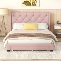 Queen Size Linen Upholstered Storage Platform Bed With Two Drawers-ModernLuxe
