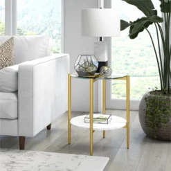 Gold Finish Side Table With Faux Marble Shelf - Henn&Hart -Furniture Specialty Store GUEST a3898715 01b9 4614 982f 9b1645b321ec