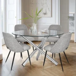 Eileen+Edwin 5-Piece Round Clear Glass Dining Table Set With 4 Upholstered Chairs -The Pop Maison -Furniture Specialty Store GUEST ac9f2318 5143 487e a4ae e43f5a356786
