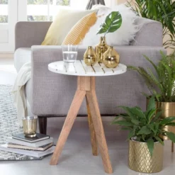 Amari Round Side Table With Brass Inlay Top White - Adore Decor -Furniture Specialty Store GUEST b03bb694 b311 4e93 840e e892fc32bfeb