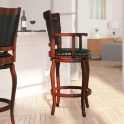 Merrick Lane 30" Cherry Wood Panel Back Bar Stool With Arms And Black Faux Leather Swivel Seat -Furniture Specialty Store GUEST b283ebb4 c715 497b b101 119e4ab232a9