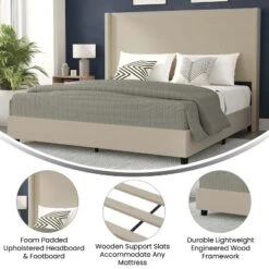 Merrick Lane Modern Platform Bed - Gray Faux Linen - Queen - Padded Wingback Headboard - 8.5" Floor Clearance - Wood Support Slats - No Box Spring Needed -Furniture Specialty Store GUEST b4892910 82f4 406e bcc7 a3abc39395d0