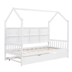 Wooden Platform House Bed With Trundle And Shelf-ModernLuxe -Furniture Specialty Store GUEST b96cbdfd 6ce0 4576 8e3a cdaa39905242