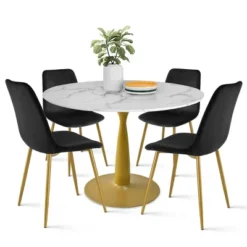 Harris+Bingo 5-Piece Round-Shaped Artificial Marble Dining Table Set With 4 Velvet Upholstered Chairs Gold Legs -Maison Boucle -Furniture Specialty Store GUEST b99ebf82 1472 41e3 8002 e06d41b15f18