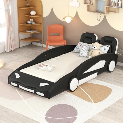 Twin Size Race Car-Shaped Platform Bed With Wheels-ModernLuxe 3 Twin Size Race Car-Shaped Platform Bed With Wheels-ModernLuxe