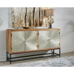 Gleaming 4 Door Credenza With Silver Doors Light Brown/Black - Treasure Trove Accents -Furniture Specialty Store GUEST bbc71937 51fa 47d2 bb98 7345e2869bcf