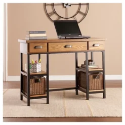 Southern Enterprises Sabrina Desk Weathered Gray/Natural Brown/Black With Brushed Silver Pulls - Aiden Lane