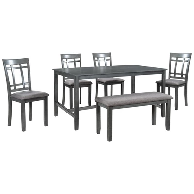 6-Piece Farmhouse Rustic Wooden Dining Table Set With 4 Chairs And Bench, Antique Gray - ModernLuxe 7 6-Piece Farmhouse Rustic Wooden Dining Table Set With 4 Chairs And Bench, Antique Gray - ModernLuxe - Image 5