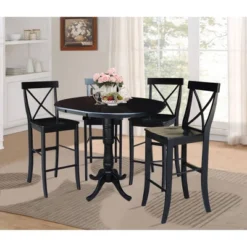 36" Draco Round Top Extension Dining Table With 12" Leaf And 4 X-Back Barstools Black - International Concepts