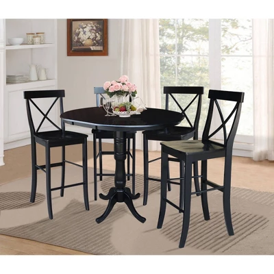 36" Draco Round Top Extension Dining Table With 12" Leaf And 4 X-Back Barstools Black - International Concepts 3 36" Draco Round Top Extension Dining Table With 12" Leaf And 4 X-Back Barstools Black - International Concepts