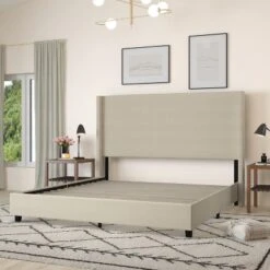 Merrick Lane Modern Platform Bed - Gray Faux Linen - Queen - Padded Wingback Headboard - 8.5" Floor Clearance - Wood Support Slats - No Box Spring Needed -Furniture Specialty Store GUEST c53f7601 1926 4eeb aea7 d6eb091946c3