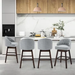 Costway Set Of 4 Swivel Bar Stools Tufted Bar Height Pub Chairs With Rubber Wood Legs Grey/Beige