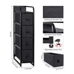REAHOME 4 Drawer Vertical Steel Frame Storage Organizer Narrow Tower Dresser W/Waterproof Top, Adjustable Feet, And Wall Safety Attachment, Black Grey