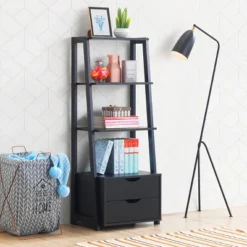 Costway Set Of 2 Ladder Shelf 4-Tier Bookshelf Bookcase Storage Leaning With 2 Drawers