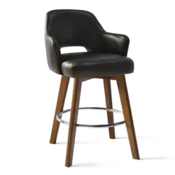 26.5" Edward Armrest Faux Leather Thick Seat 360° Swivel Barstool Combine With Rubberwood Legs And Silver Footrest(Set Of 2)-Maison Boucle -Furniture Specialty Store GUEST cd2abd12 f896 4e1c 8c2c 5d7076687ac8