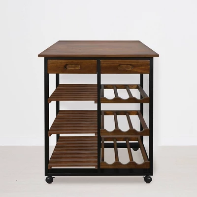 28" Solid Wood Rolling Kitchen Cart With Wine Rack And Drawer Dark Brown - Flora Home 7 28" Solid Wood Rolling Kitchen Cart With Wine Rack And Drawer Dark Brown - Flora Home - Image 5