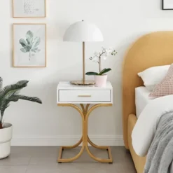 17.75" Rectangular Modern Glam Side Table With Drawer White/Gold - Danya B. -Furniture Specialty Store GUEST d0c98568 65c8 4c51 b820 e8a3a649f75b