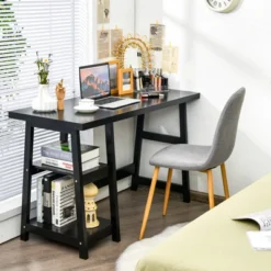 Tangkula Trestle Computer Desk Indoor Office Workstation For Home Office With 2-Tier Storage Shelves -Furniture Specialty Store GUEST d14dcf1f 26bf 4c12 9a59 e352948c871d