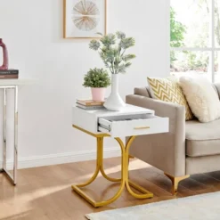 17.75" Rectangular Modern Glam Side Table With Drawer White/Gold - Danya B. -Furniture Specialty Store GUEST d28c430e 4a5c 4e3e 9597 cd7f3c46f7ec