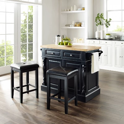 Oxford Kitchen Island With Square Seat Stools Black - Crosley 5 Oxford Kitchen Island With Square Seat Stools Black - Crosley - Image 3
