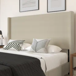 Merrick Lane Modern Platform Bed - Gray Faux Linen - Queen - Padded Wingback Headboard - 8.5" Floor Clearance - Wood Support Slats - No Box Spring Needed -Furniture Specialty Store GUEST d427f3e2 10e5 47ef 9ddc b0138c2e8e0f