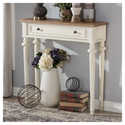 Marquetterie French Provincial Style Weathered Oak Wash And Distressed Wood Finish Two - Tone Console Table - White - Baxton Studio 6 Marquetterie French Provincial Style Weathered Oak Wash And Distressed Wood Finish Two - Tone Console Table - White - Baxton Studio - Image 4