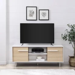 Modern 2 Door TV Stand For TVs Up To 65" Solid White/Coastal Oak/White - Saracina Home -Furniture Specialty Store GUEST d6237cf6 7faf 4a9a ab9d 1f1963b17cb5