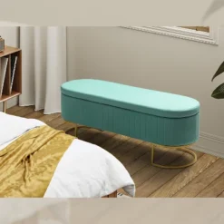 Nuria 50" Wide Modern Upholstered Flip Top Storage Bench With Golden Metal C-shaped Sled Legs For Living Room | ARTFUL LIVING DESIGN -Furniture Specialty Store GUEST d6460dcf b332 4c40 9acb 4d1ef435d994