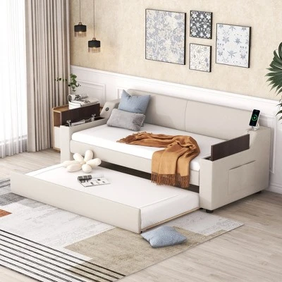 Twin Size Upholstery Daybed With Storage Arms, Trundle And USB Design, Beige - ModernLuxe 4 Twin Size Upholstery Daybed With Storage Arms, Trundle And USB Design, Beige - ModernLuxe - Image 2