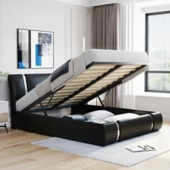 Upholstered Faux Leather Platform Bed With A Hydraulic Storage System-ModernLuxe