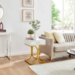 17.75" Rectangular Modern Glam Side Table With Drawer White/Gold - Danya B. -Furniture Specialty Store GUEST dbc13f70 cd80 4279 b5c5 878aa6ae594e