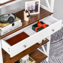 HOMCOM 4-Tier Shelving Bookcase Storage Cupboard With Pull Out Drawer, And Wooden Frame With X Bar Stability, White -Furniture Specialty Store GUEST e3286dee 1a2f 4a12 bee7 9418aa8c67d9
