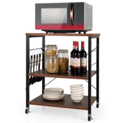 Tangkula Kitchen Baker's Rack 3-Tier Microwave Cart With Wheels&10 Hooks Rustic Brown/Maple/Vintage/Nut Brown -Furniture Specialty Store GUEST e62eee9c dc8b 425c 8851 363656cd5883