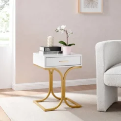 17.75" Rectangular Modern Glam Side Table With Drawer White/Gold - Danya B. -Furniture Specialty Store GUEST e656dcf5 57c6 4224 8542 9cf6e8065508